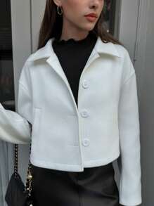 SHEIN Unity 1pc Women Casual Front Button Long Sleeve Pocket Loose Short Jacket - White - View 3