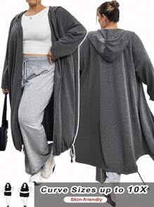 SHEIN CURVE+ 大码女式秋冬拉链斜口袋连帽运动衫夹克 - 灰色 - 查看 2
