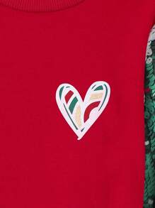 Girls Young Girl Casual Heart Print Patchwork Sequins Gradient Effect Digital Print Long Sweatshirt - Red - View 3