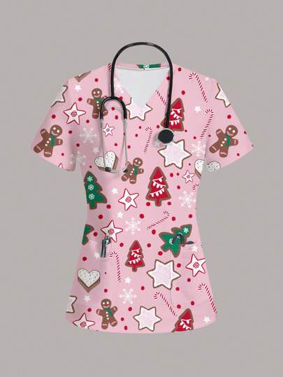 PopScrub 女士圣诞护士服姜饼人印花口袋短袖 V 领手术服上衣，舒适实用的护士服，时尚休闲简约全印花修身制服上衣