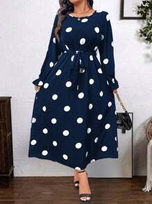 SHEIN Clasi Vestido elegante de manga campana de cuello redondo con estampado de lunares para mujer de talla grande, atuendo de mujer para otoño/invierno de largo maxi