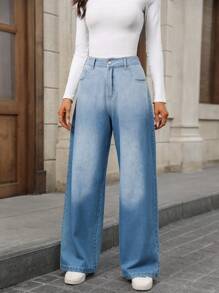 SHEIN LUNE Damen lässige, weite Jeans mit Taschen in lockerer Passform, vielseitig einsetzbar - Mittele Waschung - Übersicht 3