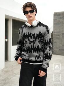 Manfinity Hypemode Men's Casual Contrast Color Pattern Drop Shoulder Pullover Sweater, Autumn/Winter