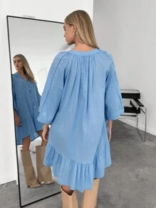 SHEIN Essnce Váy xếp nếp vải lanh mùa hè cho nữ - Màu xanh nhạt - Xem 2