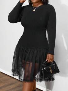 Maweii Plus Size Women Autumn/Winter Casual Solid Color Bodycon Ribbed Mesh Contrast Sweater Dress Fall Cloth For Women - Black - View 4