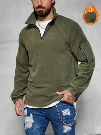 Manfinity CasualCool Enfärgad herr i enfärgad främre kvartsdragkedja Långärmad Casual Pullover Hoodie Going Out Fluffig Casual Sweatshirt, för vänner, make, pojkvänspresenter