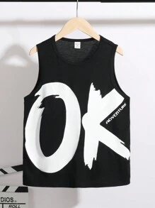 Tween Boy Casual Big Letter Pattern Round Neck All-Match Versatile Tank Top, Suitable For Summer, Outdoor Play, School, Street Photography, Party And Home Leisure, Great Value