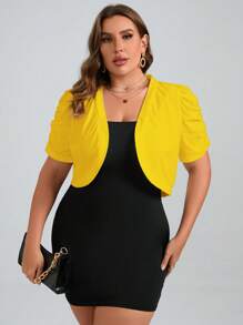 SHEIN Clasi 大尺碼蓬蓬袖開襟短夾克 - 黃色 - 查看 3
