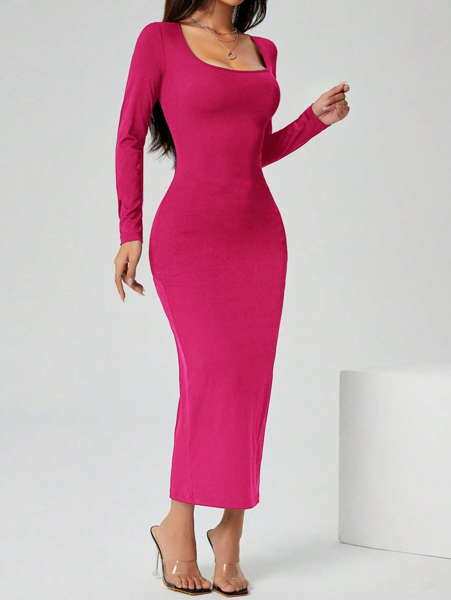 SHEIN PETITE Herbstkleid einfarbiges Kleid mit quadratischem Ausschnitt und langem, enger Ärmel in Schwarz - Heißes Pink - Übersicht 1