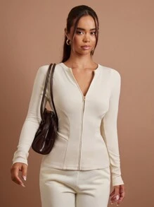 COSMINA 1 件女式简约时尚拉链修身西装外套，秋季 - 奶油色 - 查看 4