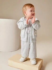 SHEIN Bộ 3 món/bộ đồ liền thân họa tiết gấu hoạt hình dễ thương cho bé trai, áo khoác hoodie thêu hình gấu bông và quần dài chạy bộ, vải dệt kim mềm mại thích hợp mặc khi đi chơi, đi chơi, mẫu giáo, thể thao, thu đông - Xám - Xem 7