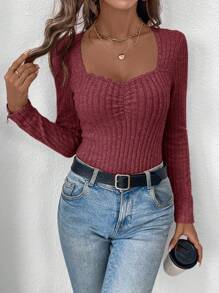 SHEIN LUNE 1 件女式保暖内衬罗纹高领紧身连身衣，驼色，秋冬 - 紅色 - 查看 6