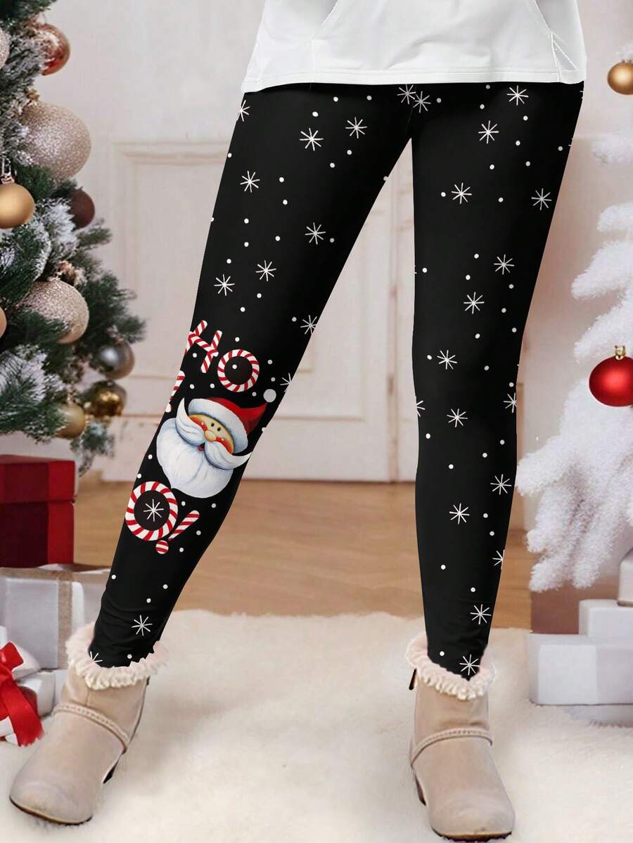SHEIN LUNE Plus Size Women's Cute Cartoon Christmas Santa Print Elastic Waist Stretchy Leggings,Casual And Comfort