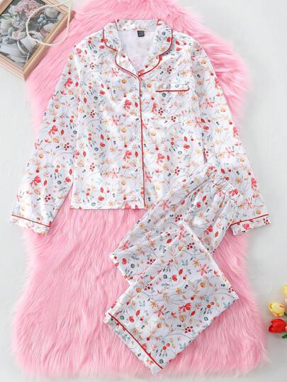 女士 2 件套花卉印花翻领开衫和休闲裤家居服套装，简约风格