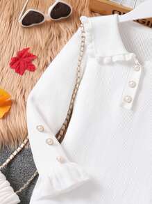 Ruffle Collar Knit Mini Dress, Elegant Commuter White Ruffled Bell Sleeve Knit Dress, Warm & Comfortable For Winter - White - View 3