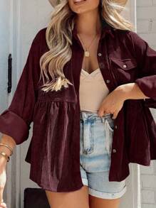 INAWLY Women Plus Size Casual Solid Color Button-Up Shirt - Burgundy - View 1