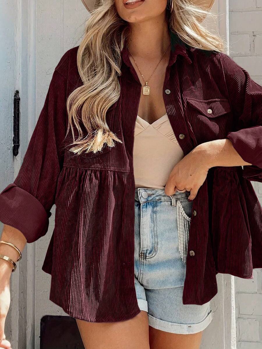 INAWLY Women Plus Size Casual Solid Color Button-Up Shirt - Burgundy - View 1