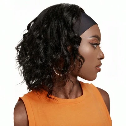 Body Wave Headband Wig Short Human Hair Wigs With Head Band  Affordable Hair Replacement Headbands Wig Ready Wear To Go Daily Use Natural Black Color