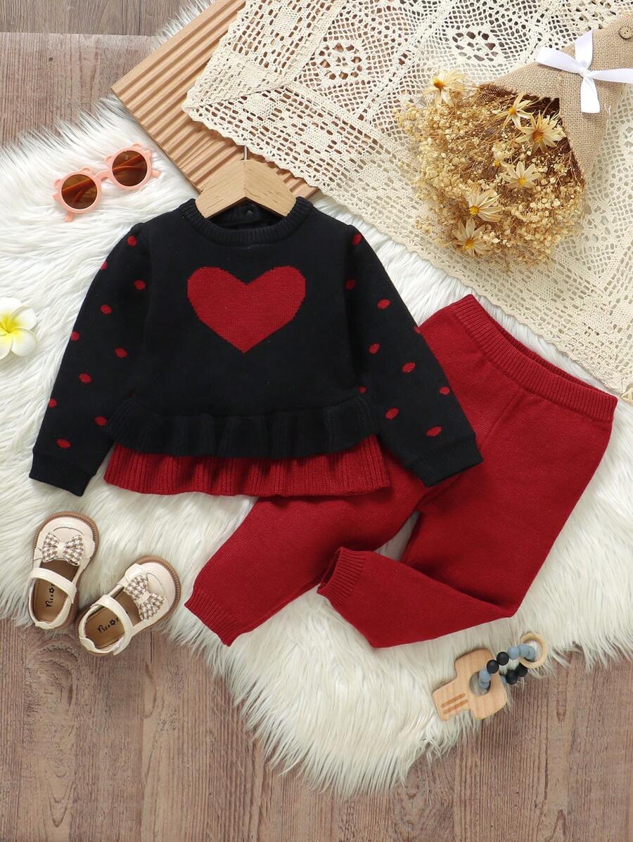 女婴灰色心形图案可爱休闲套头毛衣 2 件套 - 黑色 - 查看 1