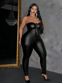 Slaydiva Plus Size Women's Elegant & Party & Date Fitted Solid Black Halter Tube Top With Ribbon Tie Front PU Coated Fabric Jumpsuit, Spring & Autumn - Black - View 4