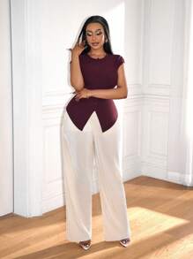 Zolique Women 2pcs Set Fashion Short Sleeve Slit Hem Elegant Bodycon Top + Casual Loose High Waist Wide Leg Pants Suit, Autumn