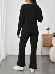 SHEIN 2pcs/Set Maternity Casual Ribbed V-Neck Long Sleeve Top And Pants Set, Autumn - Black - View 2