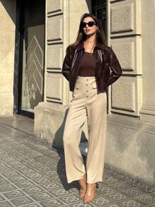 Pariaura Women Golden Button Decor Elegant Solid Color Pants Fall Cloth For Women - Khaki - View 5