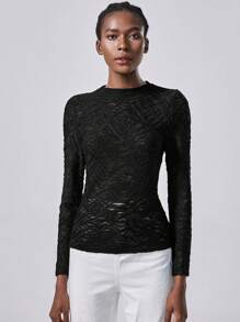 Chiquease 1 件女式纹理褶皱长袖 T 恤，黑色，针织纹理褶皱，常规版型，休闲通勤装 - 黑色 - 查看 1