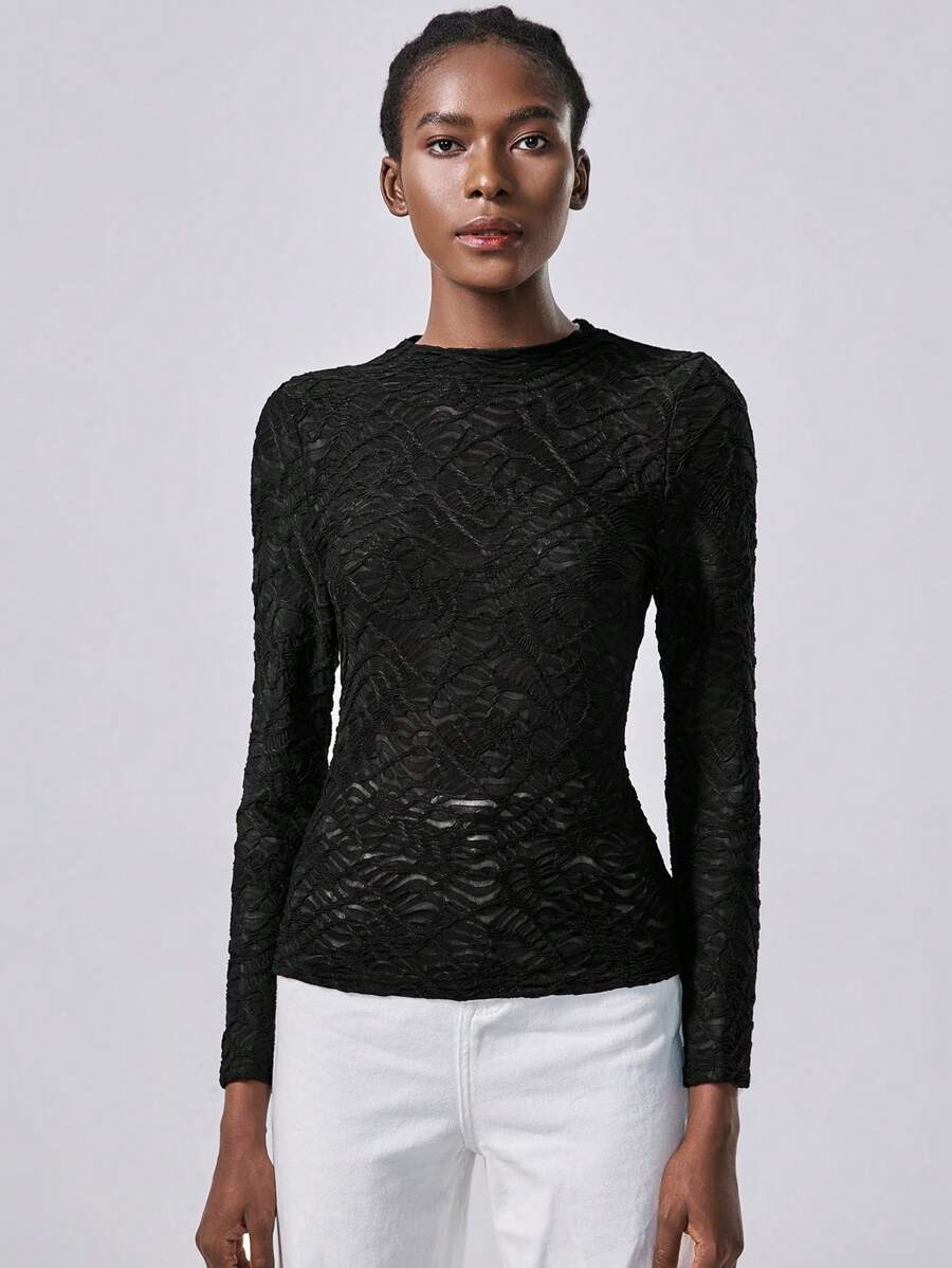 Chiquease 1 件女式纹理褶皱长袖 T 恤，黑色，针织纹理褶皱，常规版型，休闲通勤装 - 黑色 - 查看 1