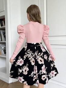 SHEIN Leap Crew Tween Girl 复古罗纹针织花卉拼布羊腿袖领口收腰 A 字型优雅连衣裙，适合派对、休闲外出、女性风格、粉色连衣裙 - 粉色 - 查看 2