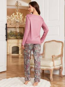 SHEIN 纯色佩斯利花纹优雅女士睡衣套装，冬季服装 - 彩色 - 查看 3