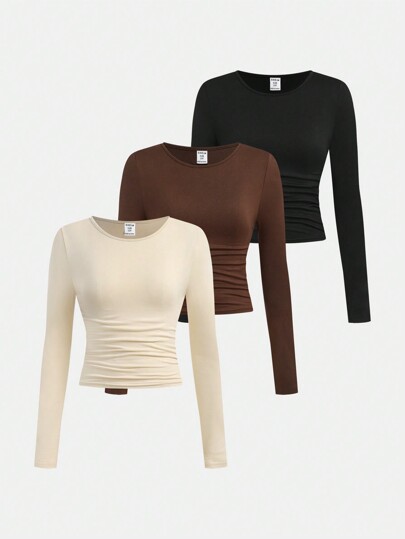 SHEIN Girlism 3 pezzi/confezione, magliette girocollo a maniche lunghe con arricciature, modello casual, tinta unita, per ragazze pre-adolescenti