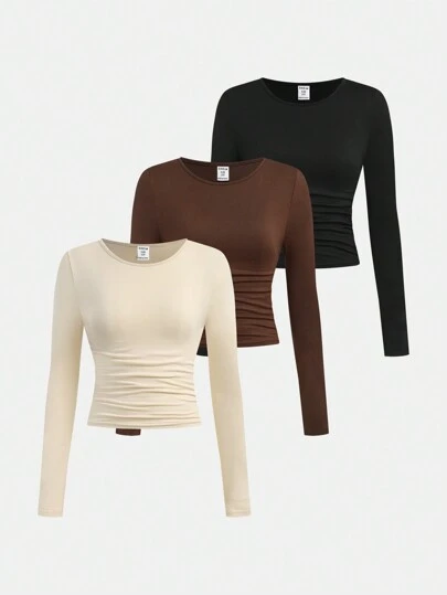 SHEIN Girlism 3 件装 Tween 女童修身休闲纯色圆领褶皱长袖 T 恤套装