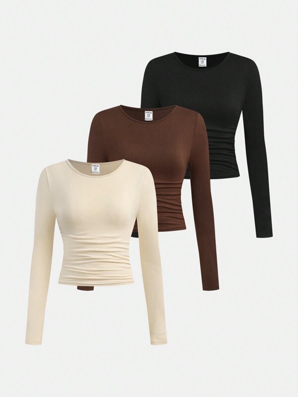 SHEIN Girlism 3pcs/Pack Tween Girls' Fitted Casual Solid Color Round Neck Ruched Long Sleeve T-Shirt Sets Chic Outfits For Autumn/Winter