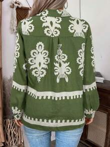 SHEIN LUNE Chemise à manches longues imprimée vintage grande taille, décontractée pour l'automne - Militaire verte - Voir 2