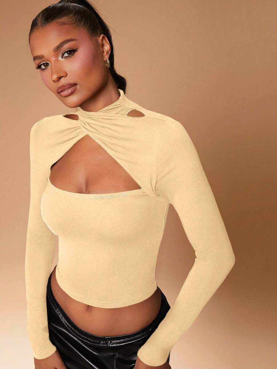 Hauture Cross Over Halter Hollow Out Long Sleeve Jersey Top - Apricot - View 1