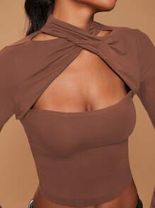 SHEIN Unity Top de manga larga con cruce en el cuello y aberturas, de jersey marrón para otoño