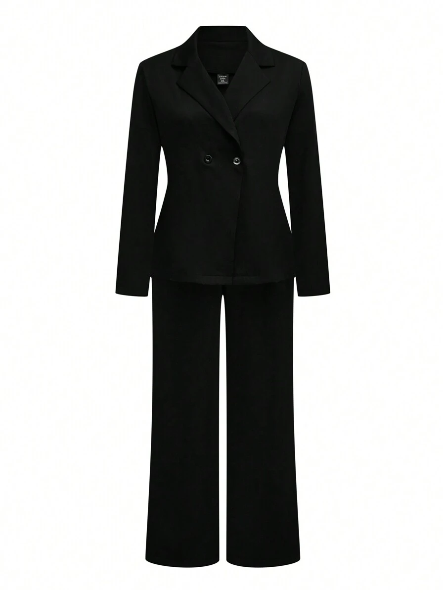 SHEIN Clasi 女士秋冬流苏链条装饰西装外套和阔腿裤套装 - 黑色 - 查看 1