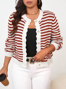 SHEIN Frenchy 大码女装秋季长袖简约条纹开衫适合日常穿着，秋季女装，秋冬毛衣，女士开衫，女士毛衣，家居毛衣，优雅外出毛衣开衫，秋季女装，圣诞节，圣诞毛衣，家居毛衣，条纹开衫，秋冬长袖毛衣