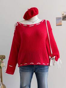 Soleia Vacation Plus Size Women's Casual PLUS White Apricot&Pink Contrast Asymmetric Shoulder Warm Soft Pullover Sweater - Red - View 7