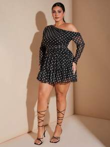 SHEIN BAE 秋季优雅性感大码女款黑白波点网眼印花露肩多层荷叶边长袖连衣裙，冬季连衣裙，服装，女士正式礼服，跨年晚会服装，Y2K，黑白波点曲线派对连衣裙。浪漫短款，高开衩，性感优雅，圣诞节，节日连衣裙，冬季连衣裙，服装 - 黑色 - 查看 2