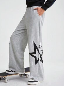 SHEIN Teen Boys' Fashionable Streetwear Style Flame & Star Print Casual Sweatpants, Suitable For Autumn/Winter Daily Wear