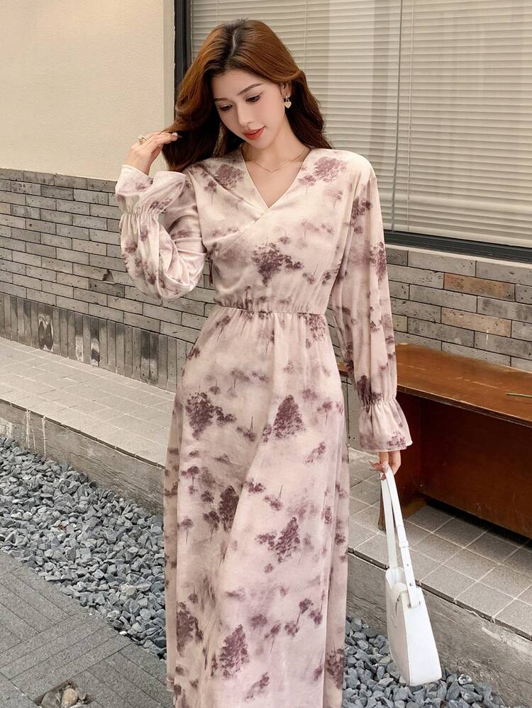 Women Floral Print Overlap V-Neck Long Sleeve Mid-Length Dress,Fall Dress