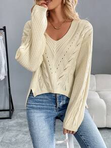Chiquease Plain Color Dropped Shoulder Loose Knit Sweater, Casual Autumn/Winter Knit Pullover Fall - White - View 3