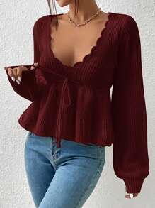 SHEIN Clasi Plus Size Lantern Sleeve Wave Collar Cinched Waist Pullover Sweater - Burgundy - View 5