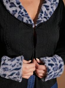 SHEIN BAE Plus Size Fall Sexy Sweet Hottie Black Knitted Texture Stitching Leopard Fur Long-Sleeved Cardigan Jacket, Suitable For Halloween Date And Daily Commuting