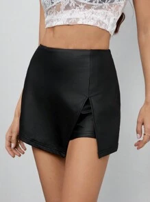 SHEIN Tall 秋冬季黑色高弹力 PU 弹力皮革女式短裙适合派对 - 黑色 - 查看 6