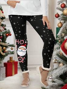 SHEIN LUNE Plus Size Women's Cute Cartoon Christmas Santa Print Elastic Waist Stretchy Leggings,Casual And Comfort