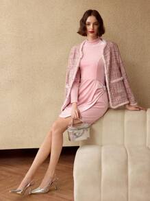 MOTF PREMIUM 天鹅绒纯色立领羊腿袖水钻褶饰裹身下摆短裙