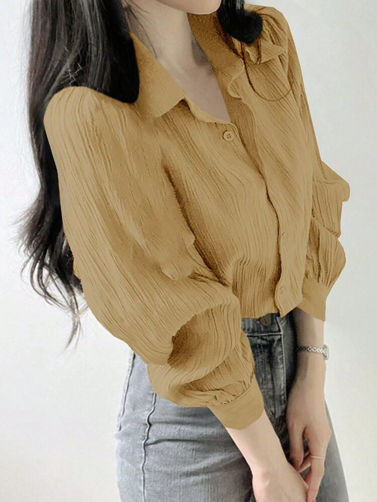 Women's Pleated Solid Color Loose Fit Collared Shirt, Yellow, Spring/Summer/Autumn Preppy Tops,Fall Women Clothes Long Sleeve Top